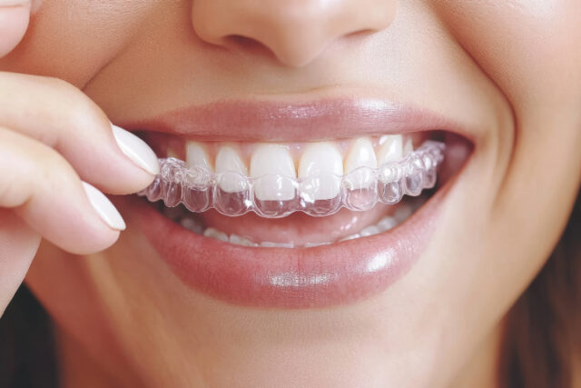 マウスピース矯正アライナーを装着する女性