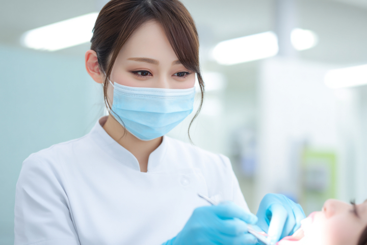 歯科予防処置をする歯科衛生士の女性