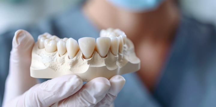ジルコニアの歯の模型を手にした歯科医