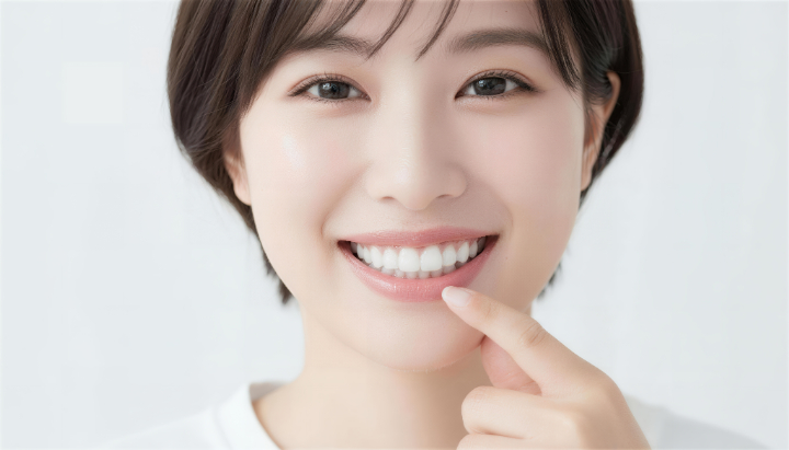 ブリッジ治療をした歯を指さして笑顔を見せる女性