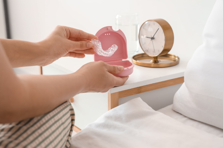 就寝時にスプリント療法のマウスピースを装着するイメージ