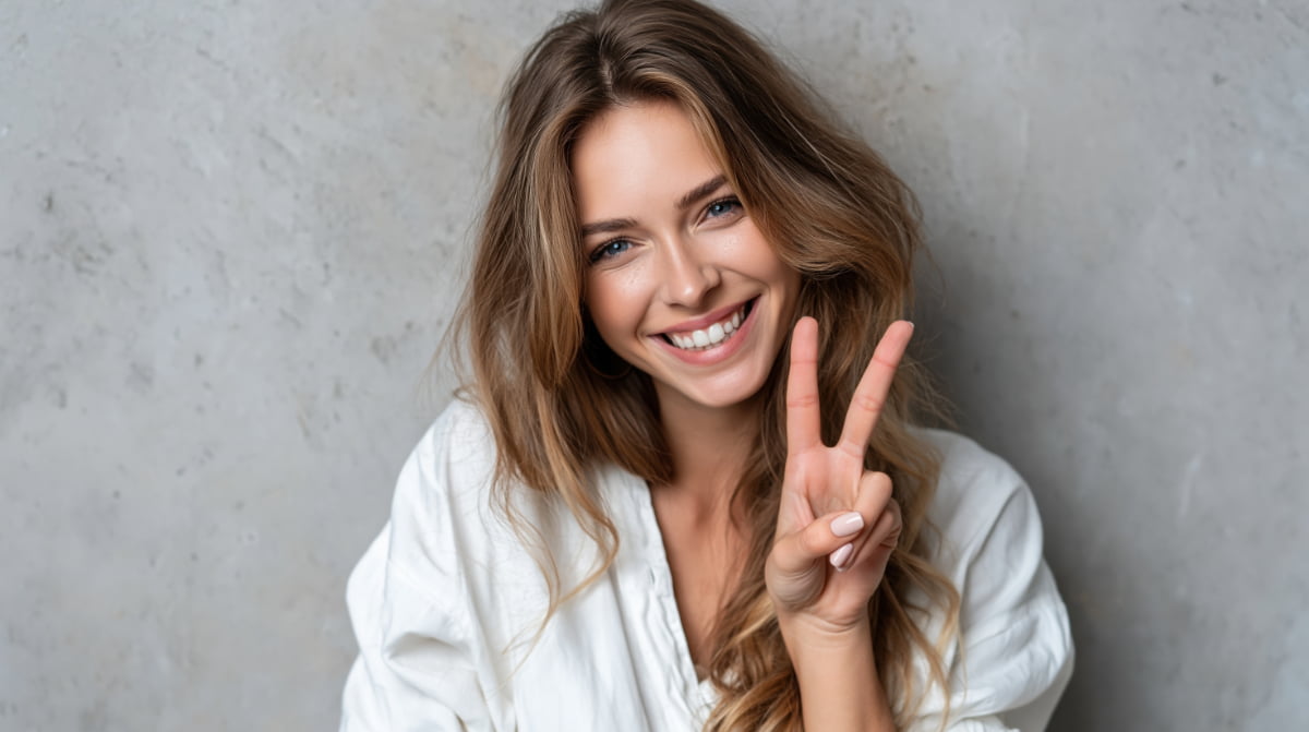 定期的なホワイトニングで白い歯を保つ笑顔の女性